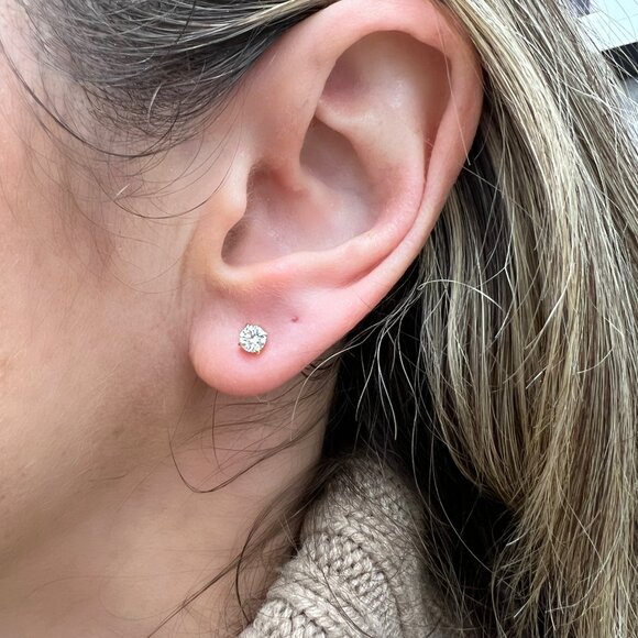 4mm Diamond Stud Earrings 14K Gold, VVS EF Lab Diamond, Solid Yellow Gold Studs - Picture 4 of 5